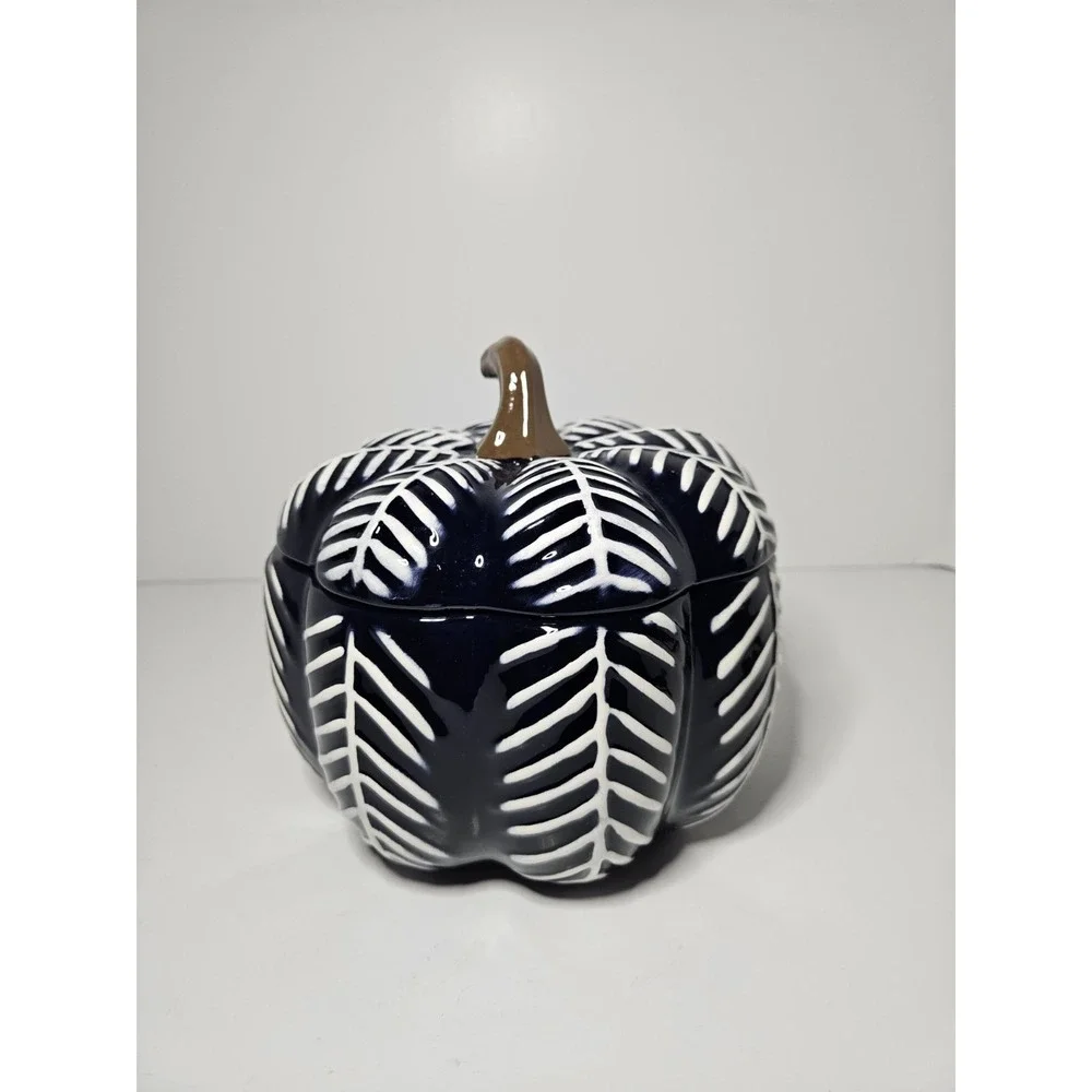 Blue White Ceramic Pumpkin Lidded Candy Dish Jar Thanksgiving Fall Decor 7in